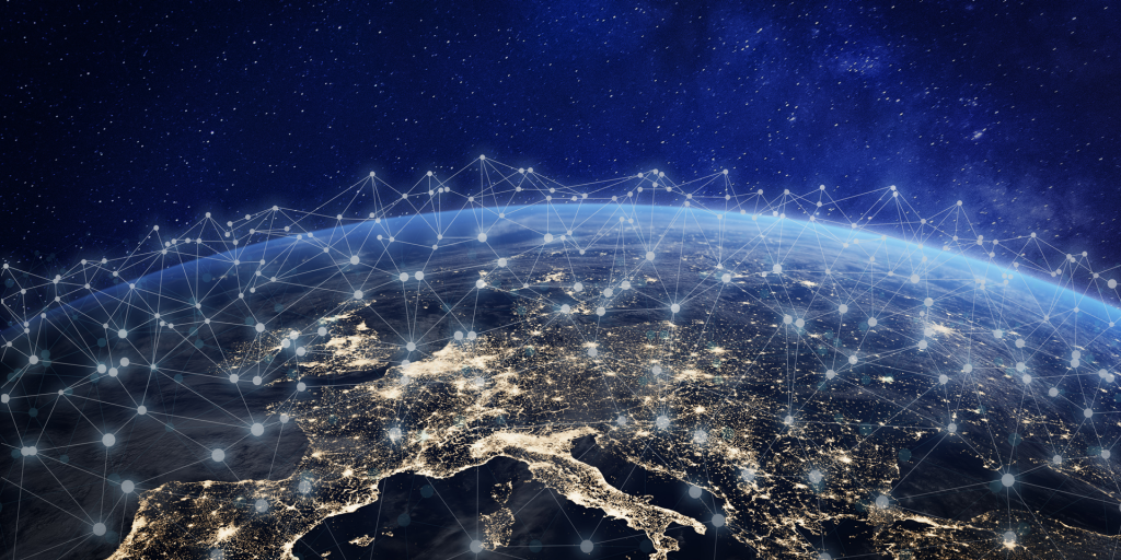 European telecommunication network connected over Europe, France, Germany, UK, Italy, concept about internet and global communication technology for finance, blockchain or IoT, elements from NASA